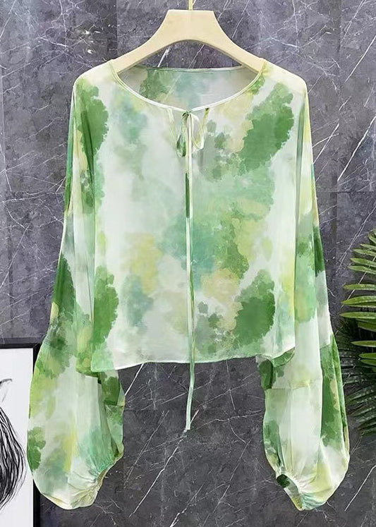 Neu Grün Lace Up Print Chiffon Shirts Langarm