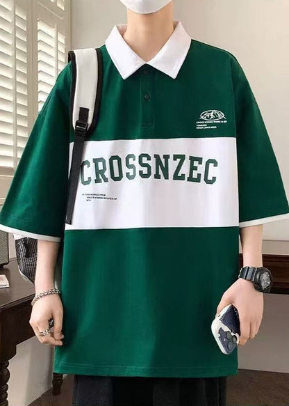 New Green Letter Patchwork Cotton Men Polo Shirt Half Sleeve