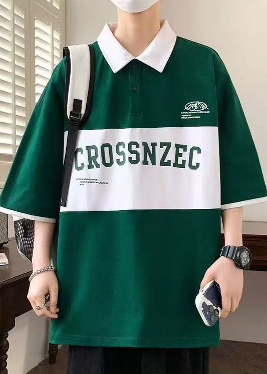 New Green Letter Patchwork Cotton Men Polo Shirt Half Sleeve