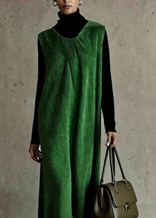 New Green O Neck Corduroy Dress Sleeveless