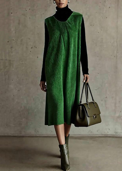 New Green O Neck Corduroy Dress Sleeveless