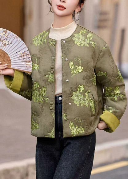 Neue grüne Winterjacke mit Rundhalsausschnitt, bestickt und mit feiner Baumwollfüllung