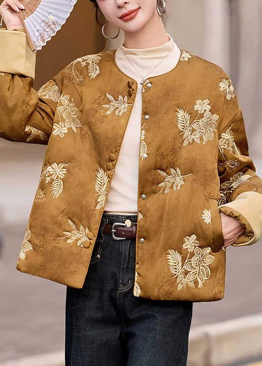 Nuevas chaquetas de invierno de algodón fino con cuello redondo bordado verde