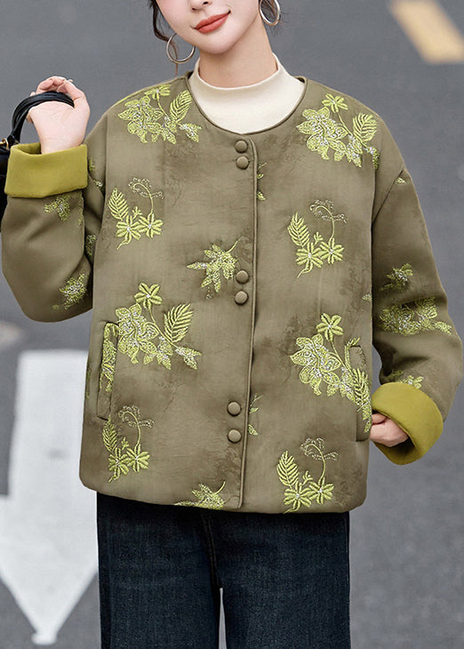 Neue grüne Winterjacke mit Rundhalsausschnitt, bestickt und mit feiner Baumwollfüllung
