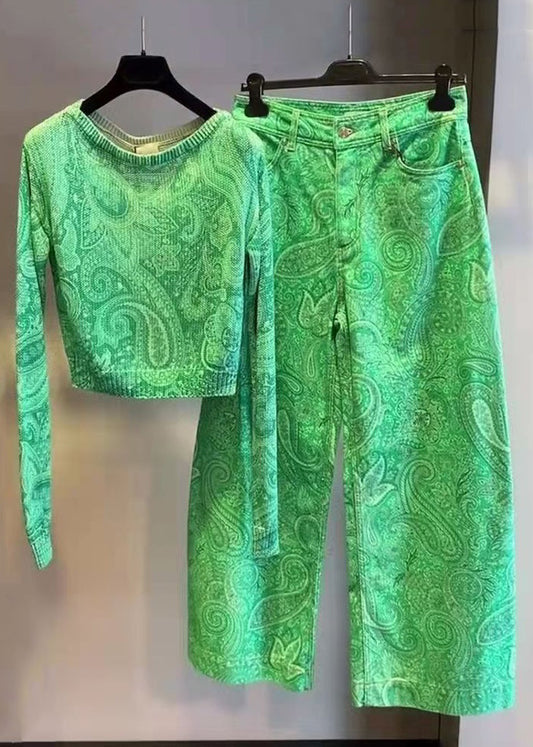 Nuevo conjunto de dos piezas de algodón con cuello redondo y estampado verde de manga larga