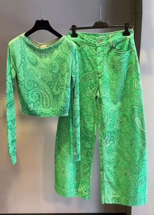 Nuevo conjunto de dos piezas de algodón con cuello redondo y estampado verde de manga larga