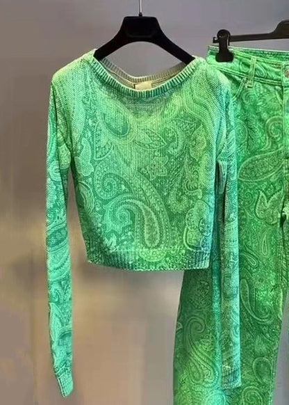 Nuevo conjunto de dos piezas de algodón con cuello redondo y estampado verde de manga larga