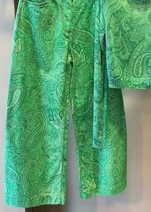 Nuevo conjunto de dos piezas de algodón con cuello redondo y estampado verde de manga larga