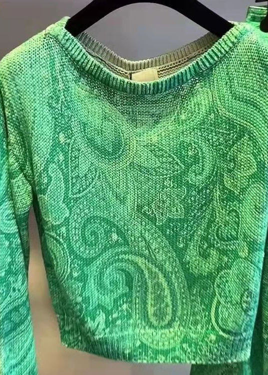 Nuevo conjunto de dos piezas de algodón con cuello redondo y estampado verde de manga larga