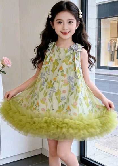 New Green O-Neck Print Tulle Girls Vacation Mid Dresses Sleeveless
