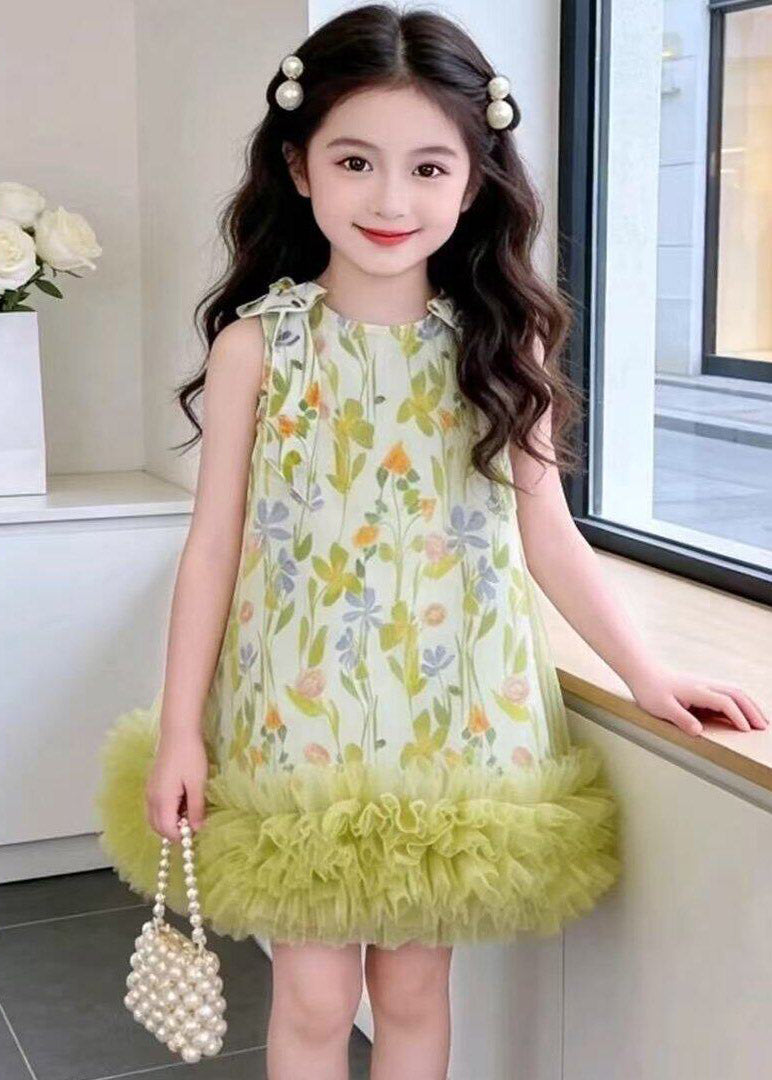 New Green O-Neck Print Tulle Girls Vacation Mid Dresses Sleeveless