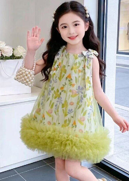New Green O-Neck Print Tulle Girls Vacation Mid Dresses Sleeveless