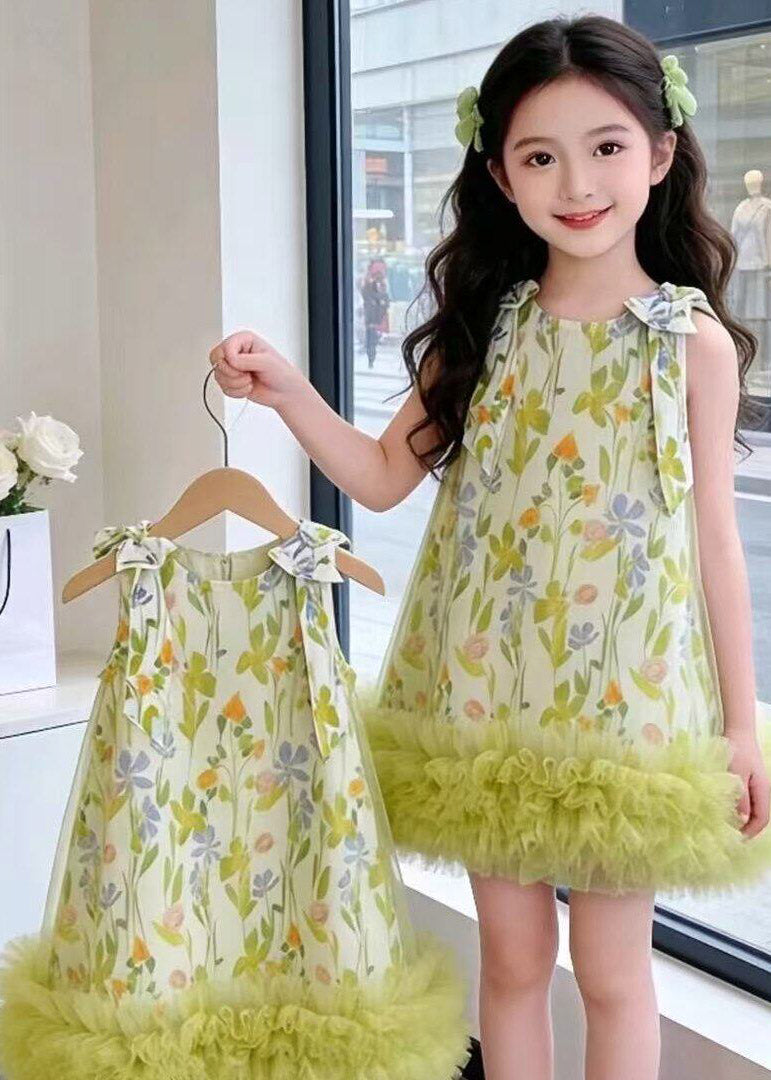 New Green O-Neck Print Tulle Girls Vacation Mid Dresses Sleeveless