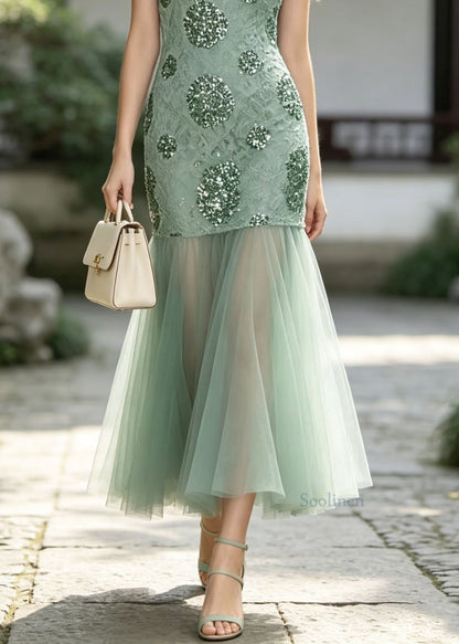 New Green O Neck Sequins Patchwork Tulle Maxi Dresses Sleeveless