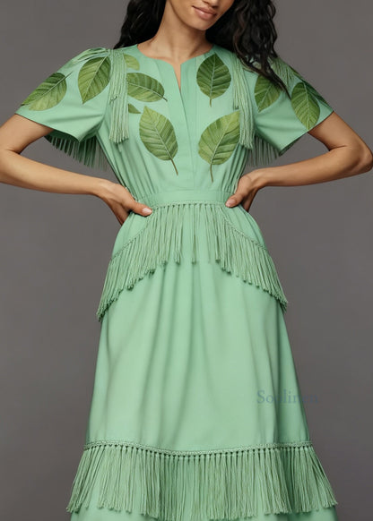 New Green O-Neck Tasseled Patchwork Cotton Dress Summer