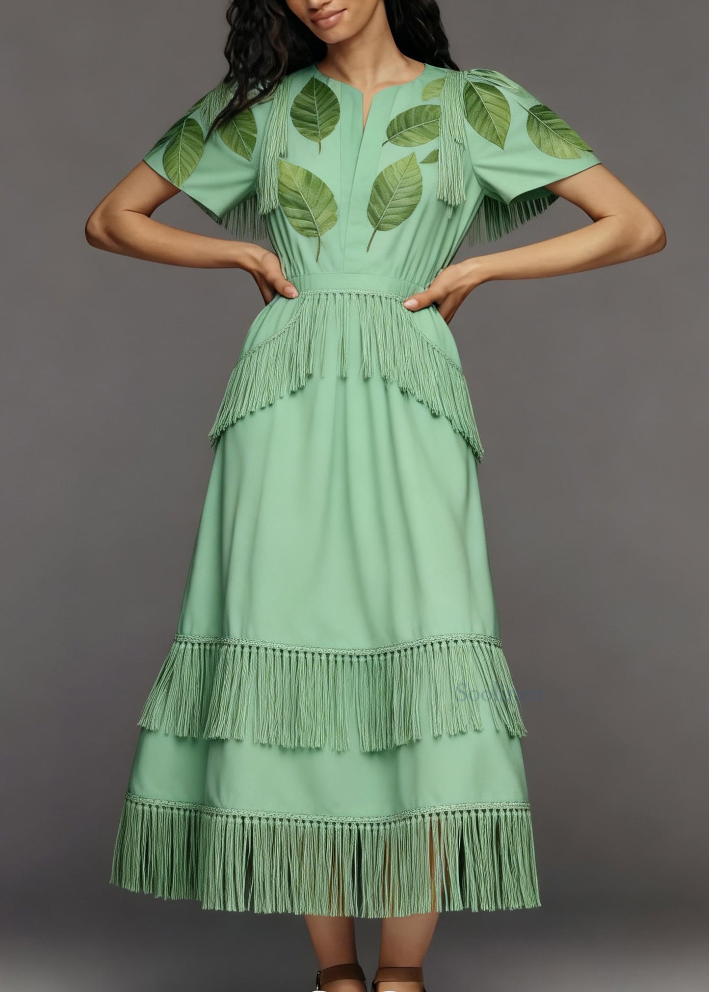 New Green O-Neck Tasseled Patchwork Cotton Dress Summer