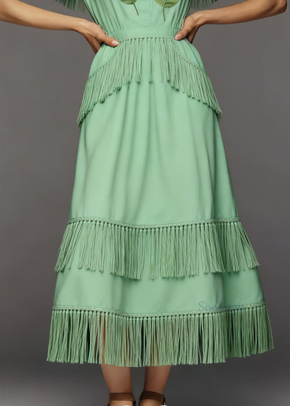 New Green O-Neck Tasseled Patchwork Cotton Dress Summer