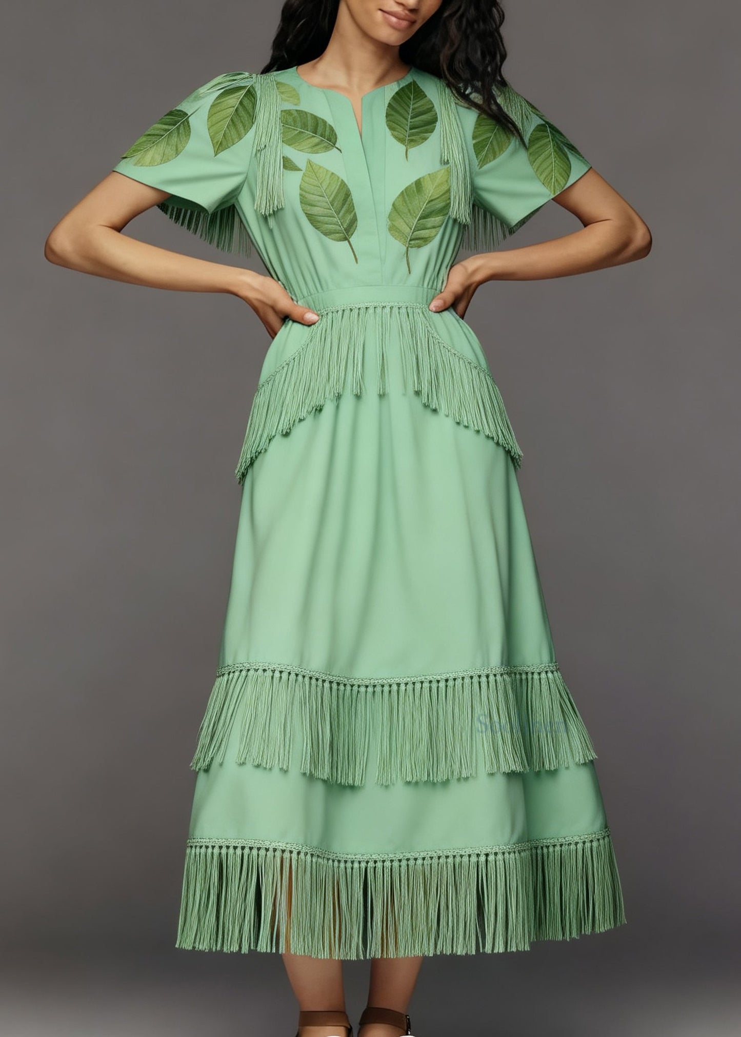 New Green O-Neck Tasseled Patchwork Cotton Dress Summer