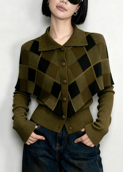 Nuevo top de punto de dos piezas con cuello Peter Pan verde y patchwork de primavera