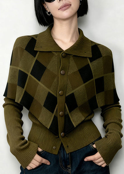 Nuevo top de punto de dos piezas con cuello Peter Pan verde y patchwork de primavera