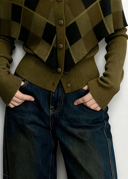 Nuevo top de punto de dos piezas con cuello Peter Pan verde y patchwork de primavera