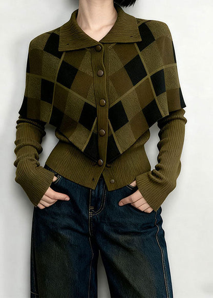 Nuevo top de punto de dos piezas con cuello Peter Pan verde y patchwork de primavera