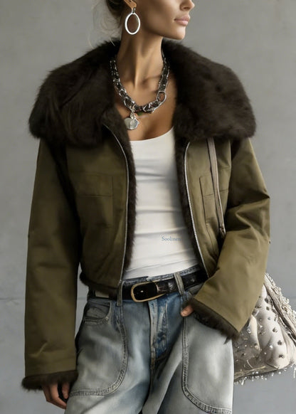 New Green Peter Pan Collar Wear On Both Sides Faux Fur Jacket Winter