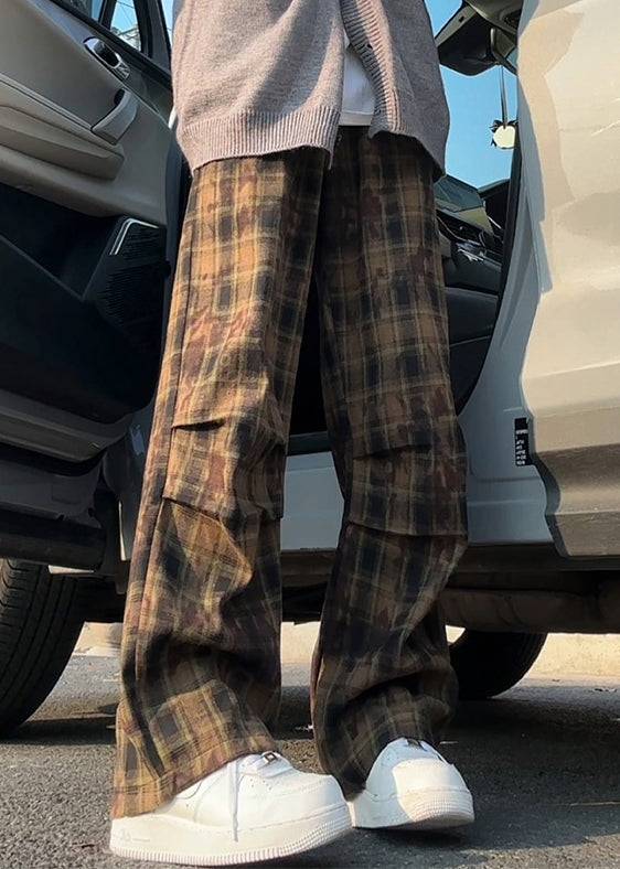 New Green Plaid Elastic Waist Cotton Mens Pants Summer