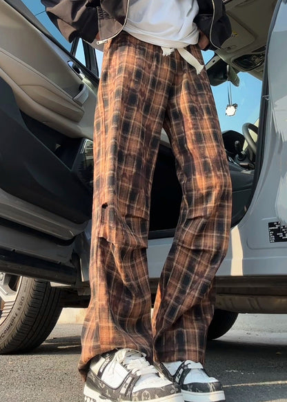 New Green Plaid Elastic Waist Cotton Mens Pants Summer