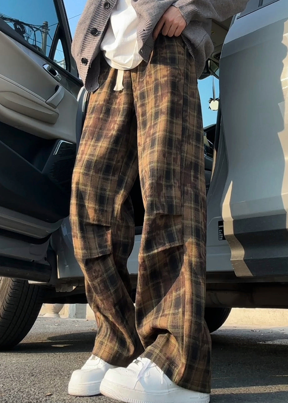 New Green Plaid Elastic Waist Cotton Mens Pants Summer