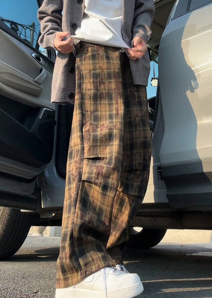 New Green Plaid Elastic Waist Cotton Mens Pants Summer