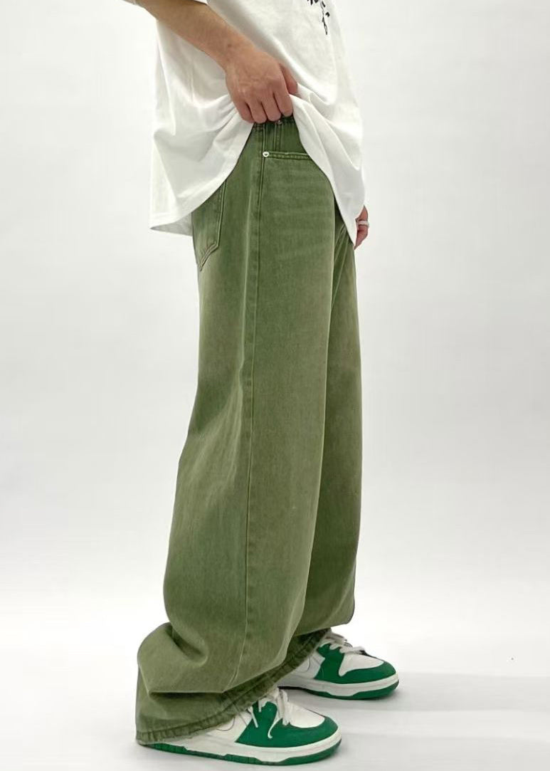 New Green Pockets High Waist Denim Pants Men Summer