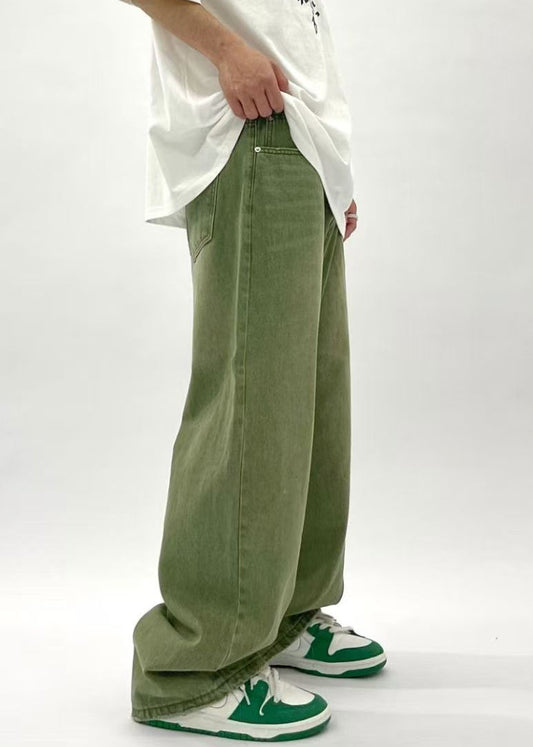 New Green Pockets High Waist Denim Pants Men Summer