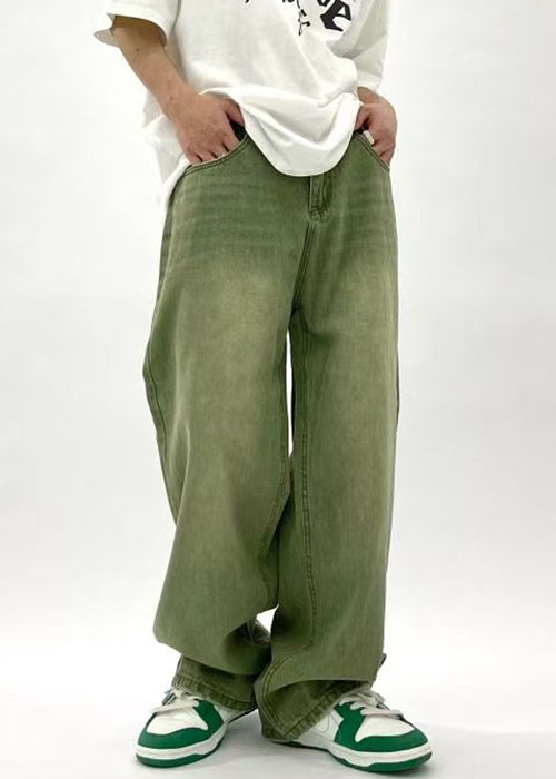 New Green Pockets High Waist Denim Pants Men Summer