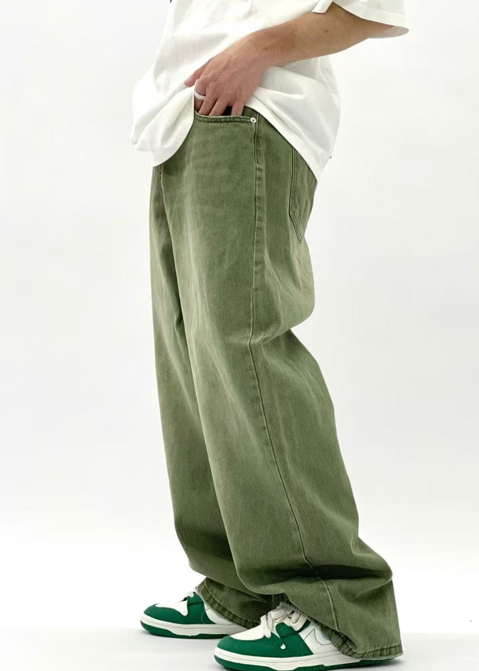 New Green Pockets High Waist Denim Pants Men Summer