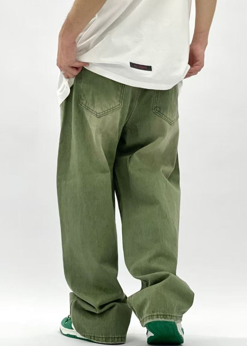 New Green Pockets High Waist Denim Pants Men Summer