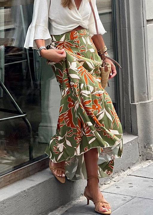 Neu Grün Drucken Elastische Taille Baumwolle Maxi Röcke