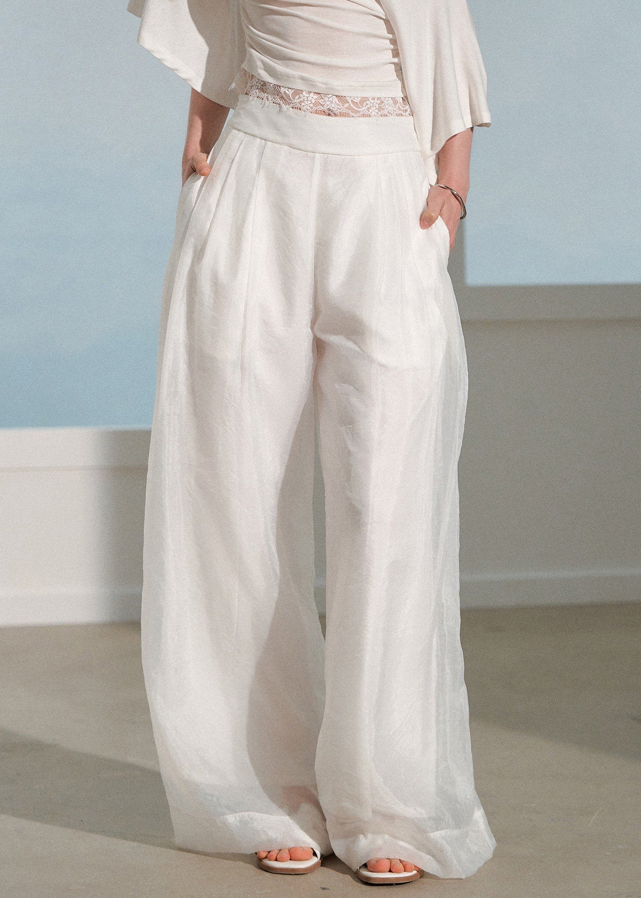 New Green Ruffled Chiffon Top And White Wide Leg Pants 2 Piece Outfit Summer