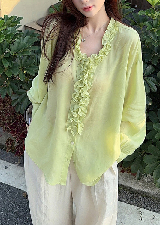 New Green V Neck Ruffled Patchwork Cotton Shirts Fall