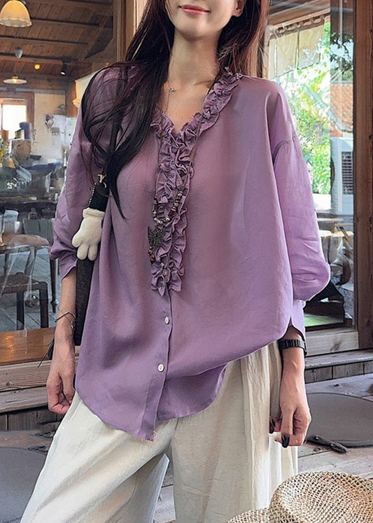 New Green V Neck Ruffled Patchwork Cotton Shirts Fall