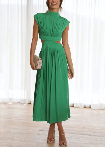 New Green Wrinkled Hollow Out Cotton Long Dress Summer
