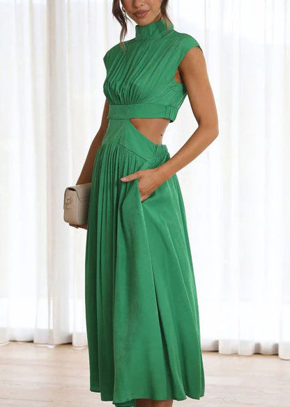 New Green Wrinkled Hollow Out Cotton Long Dress Summer