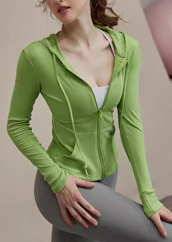 New Green Zippered Tie Lack Hooded Yoga Coats