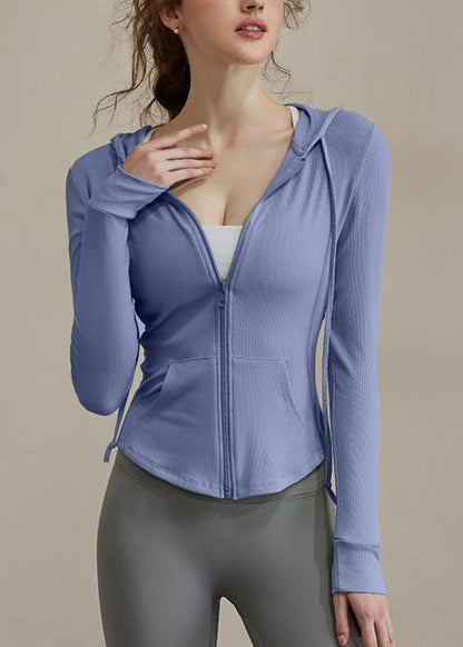 New Green Zippered Tie Lack Hooded Yoga Coats