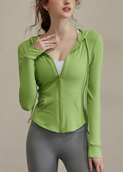 New Green Zippered Tie Lack Hooded Yoga Coats