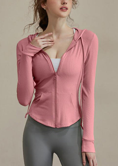 New Green Zippered Tie Lack Hooded Yoga Coats