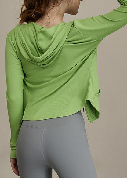 New Green Zippered Tie Lack Hooded Yoga Coats