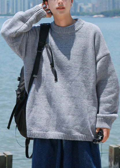 New Grey Cozy Solid Men Pullover Sweater Casual Clothing