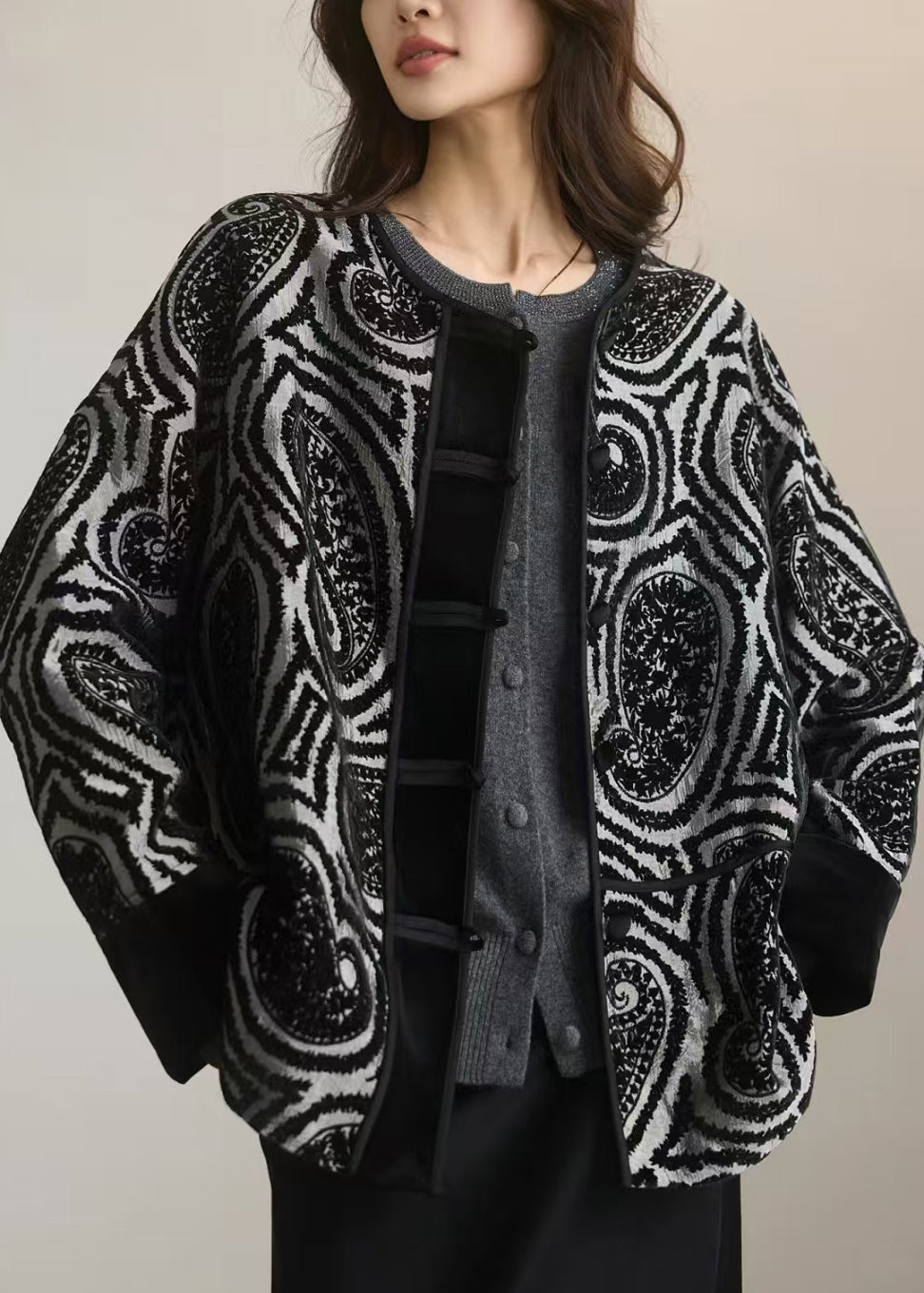 New Grey O Neck Jacquard Button Cotton Coat Outwear Spring