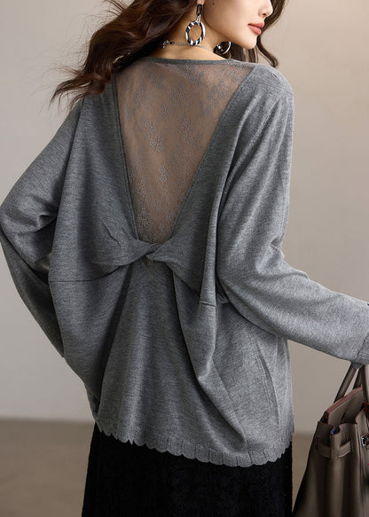 New Grey O Neck Lace Patchwork Cotton T Shirts Tops Spring
